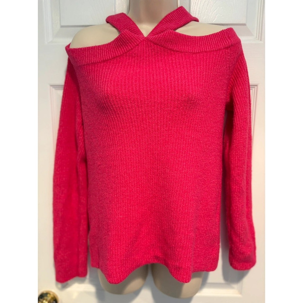 1.STATE Womens Pink Cross Neck Cold Shoulder Cutout Sweater 8169207 L